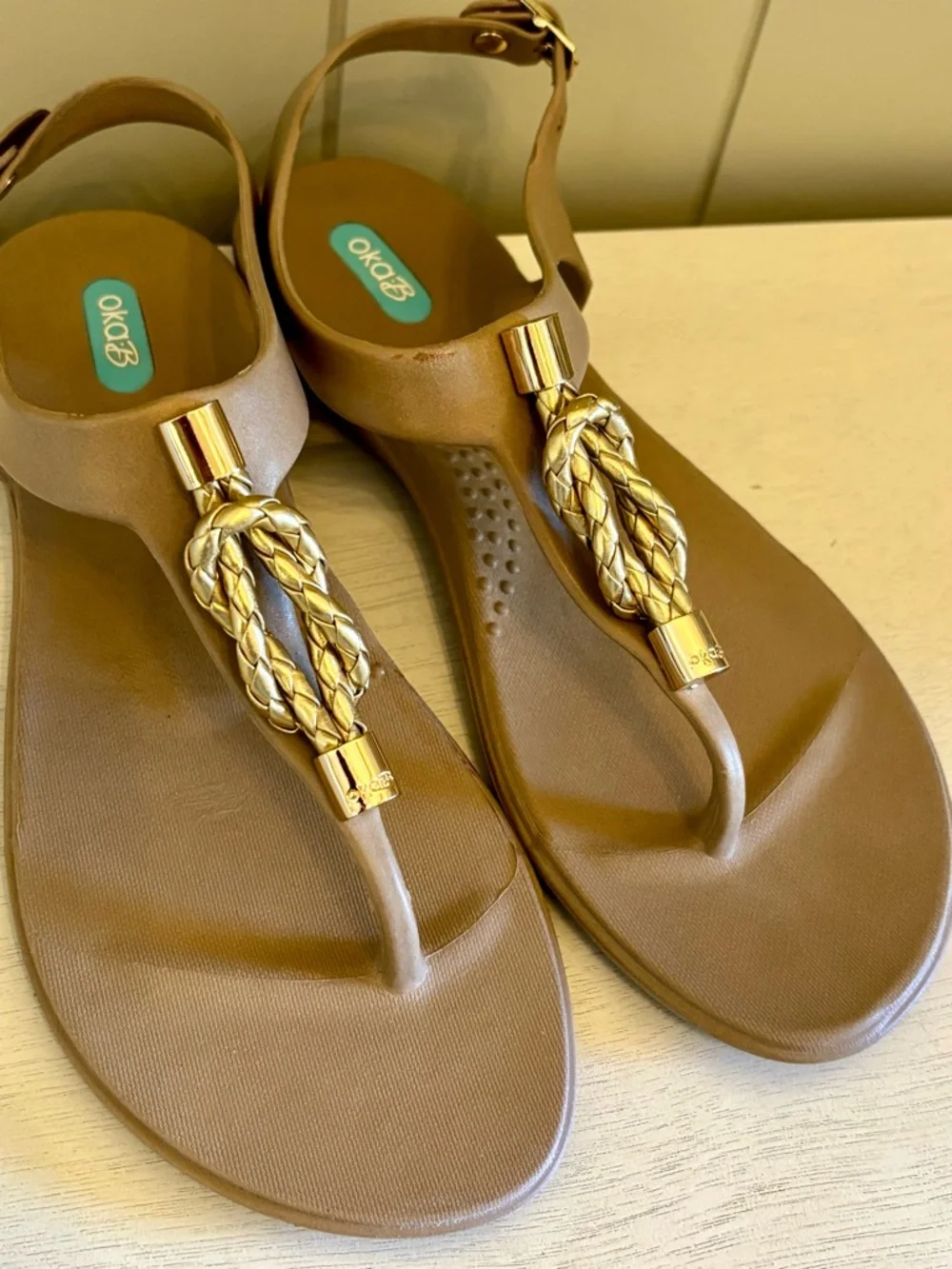 OKA B. Neptune T-strap Metallic Beige Nautical Sandal Waterproof Sz 8 Women’s - Picture 7 of 10